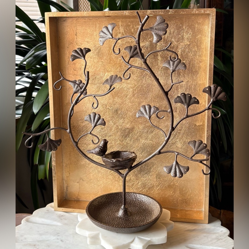 Bird on Nest + Twig Branches Jewelry Tree Stand Holder - Decorative Iron Decor